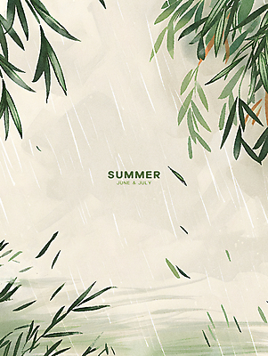 PSD 잎 일러스트 타이포그라피 사람없음 연두색 여름 풀 비 분위기 6월 수양버들 7월 카피스페이스 국내일러스트 자연요소 식물 문자 계절 컨셉 날씨 초록색 공백 날짜 버드나무 파일형식