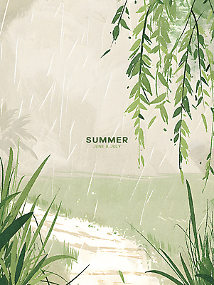 PSD 잎 일러스트 타이포그라피 사람없음 연두색 여름 풀 비 분위기 6월 수양버들 7월 카피스페이스 국내일러스트 자연요소 식물 문자 계절 컨셉 날씨 초록색 공백 날짜 버드나무 파일형식