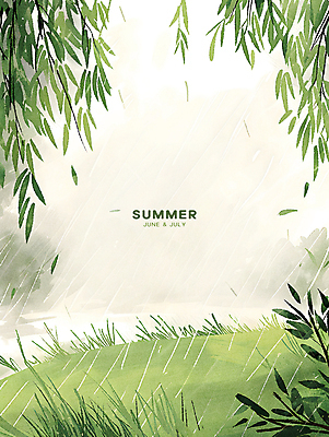 PSD 잎 일러스트 타이포그라피 사람없음 연두색 여름 풀 비 분위기 6월 수양버들 7월 카피스페이스 국내일러스트 자연요소 식물 문자 계절 컨셉 날씨 초록색 공백 날짜 버드나무 파일형식