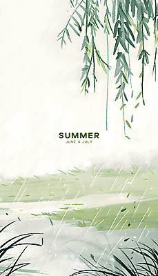 PSD 잎 일러스트 타이포그라피 사람없음 연두색 여름 풀 비 분위기 6월 수양버들 7월 카피스페이스 국내일러스트 자연요소 식물 문자 계절 컨셉 날씨 초록색 공백 날짜 버드나무 파일형식