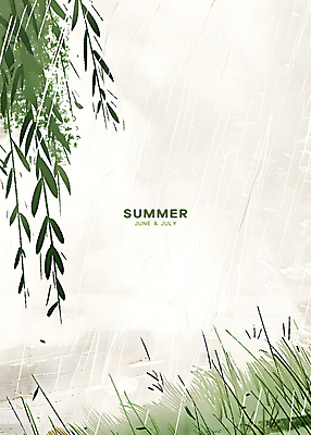 PSD 잎 일러스트 타이포그라피 사람없음 연두색 여름 풀 비 분위기 6월 수양버들 7월 카피스페이스 국내일러스트 자연요소 식물 문자 계절 컨셉 날씨 초록색 공백 날짜 버드나무 파일형식