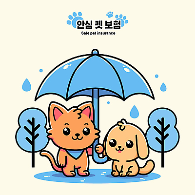 나무 캐릭터 일러스트 우산 들기 타이포그라피 사람없음 파란색 고양이 물방울 비 강아지 발바닥 반려 동물보험 일러캐릭터 AI파일 자연요소 식물 문자 컬러 포유류 모션 발 날씨 반려동물 개 보험 파일형식 벡터