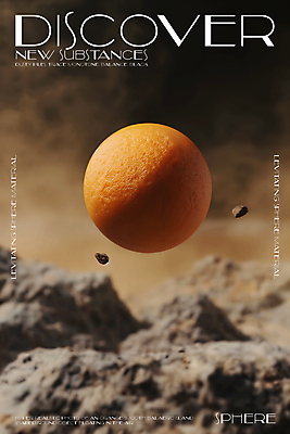 PSD 편집이미지 디자인 포스터 모래 미래 타이포그라피 사람없음 3D 주황색 바위 원형 신비 질감 먼지 공중부양 카피스페이스 이미지편집 편집3D 도형 문자 컬러 컨셉 공백 돌_바위 디지털합성 파일형식