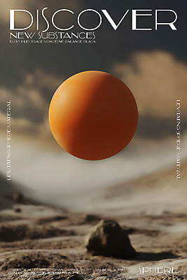 PSD 편집이미지 디자인 포스터 모래 미래 타이포그라피 사람없음 3D 주황색 바위 원형 신비 질감 먼지 공중부양 카피스페이스 이미지편집 편집3D 도형 문자 컬러 컨셉 공백 돌_바위 디지털합성 파일형식