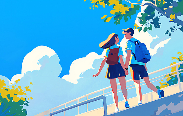 전신 PSD 구름 커플 여자 남자 교복 데이트 일러스트 청소년 고등학생 두명 파란색 청춘 손잡기 여름풍경 감성 십대만 청량 국내일러스트 자연요소 학생 옷 컬러 컨셉 관계 모션 사람 풍경 파일형식 여름_계절