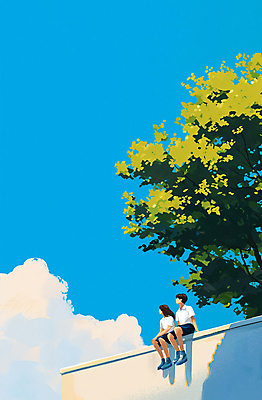 전신 PSD 구름 커플 여자 남자 교복 데이트 일러스트 청소년 고등학생 앉기 두명 파란색 담장 청춘 여름풍경 감성 십대만 청량 국내일러스트 자연요소 학생 옷 컬러 컨셉 관계 모션 사람 풍경 파일형식 여름_계절