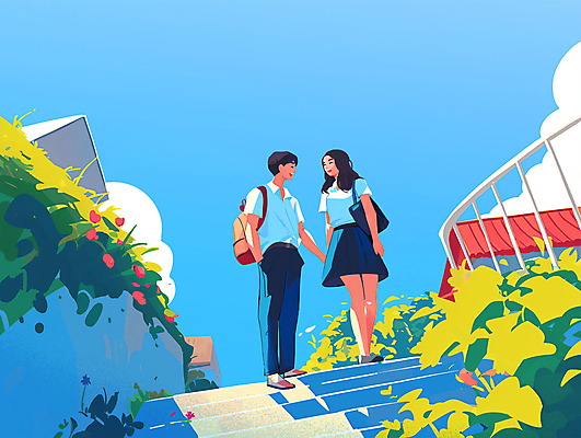 전신 PSD 구름 커플 여자 남자 교복 데이트 일러스트 청소년 고등학생 웃음 두명 파란색 청춘 계단 손잡기 여름풍경 감성 십대만 청량 국내일러스트 자연요소 학생 옷 컬러 컨셉 관계 모션 표정 사람 풍경 파일형식 여름_계절