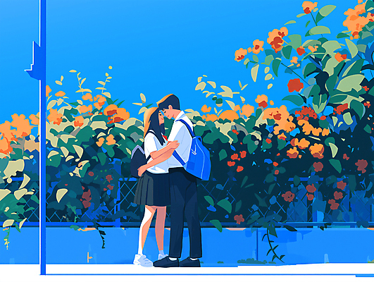 전신 PSD 구름 커플 여자 남자 꽃 교복 데이트 일러스트 포옹 청소년 고등학생 두명 파란색 담장 청춘 여름풍경 전봇대 감성 십대만 청량 국내일러스트 자연요소 식물 학생 옷 공공시설 컬러 컨셉 관계 안기 사람 풍경 파일형식 여름_계절