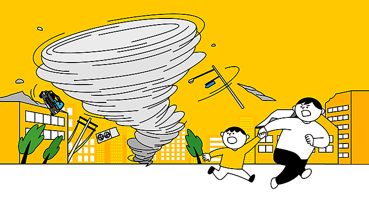 전신 나무 남자 어린이 가로등 일러스트 자동차 소년 성인 두명 건물 달리기 노란색 손잡기 비행 자연재해 태풍 대피 허리케인 남자만 국내일러스트 AI파일 식물 건축물 공공시설 육상교통 컬러 모션 사람 재해 파일형식 벡터