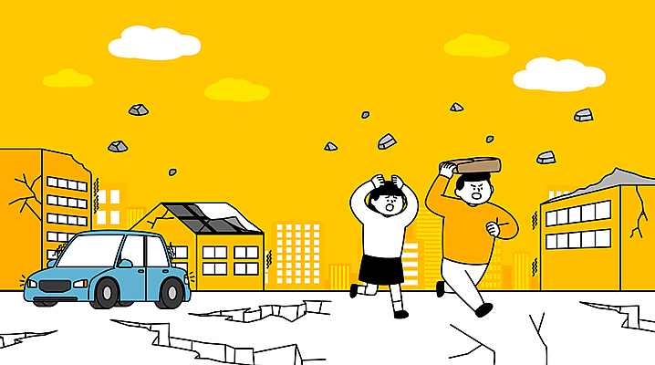 전신 구름 여자 남자 일러스트 자동차 들기 성인 두명 건물 달리기 노란색 균열 자연재해 대피 지진 성인만 무너짐 국내일러스트 AI파일 자연요소 건축물 육상교통 컬러 모션 사람 재해 파일형식 벡터