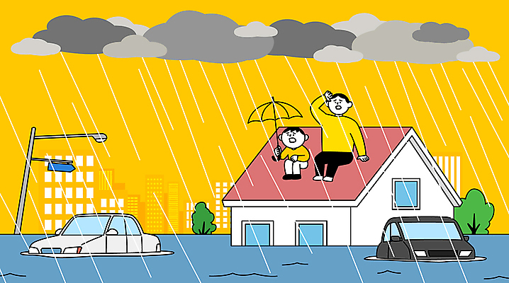 전신 남자 어린이 가로등 일러스트 우산 자동차 지붕 주택 소년 성인 두명 건물 노란색 표지판 홍수 자연재해 먹구름 대피 남자만 국내일러스트 AI파일 건축물 공공시설 육상교통 컬러 알림판 사람 재해 파일형식 벡터 구름_자연