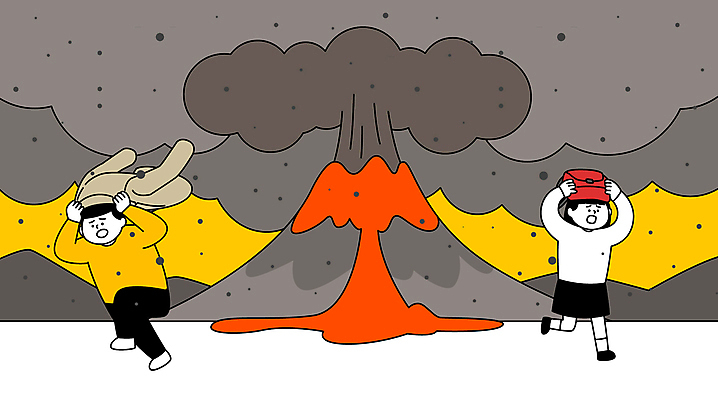 전신 옷 여자 남자 가방 일러스트 성인 두명 달리기 노란색 자연재해 용암 화산폭발 대피 화산재 성인만 국내일러스트 AI파일 잡화 컬러 모션 사람 폭발 재해 화산 파일형식 벡터