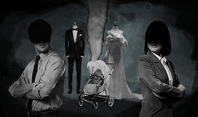 PSD 여자 남자 신부 웨딩드레스 신랑 결혼 일러스트 정장 성인 두명 경제 팔짱 회색 출산 마네킹 하락 유모차 부담 양극 불균형 성인만 저출산 국내일러스트 드레스 옷 컬러 컨셉 모션 사람 이벤트 아기용품 사회이슈 파일형식