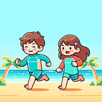 여자 남자 수영복 꽃 어린이 일러스트 놀이 하늘 웃음 소녀 소년 해변 두명 여름 야자수 달리기 활기 어린이만 국내일러스트 AI파일 나무 식물 옷 계절 바다 컨셉 모션 표정 사람 파일형식 벡터