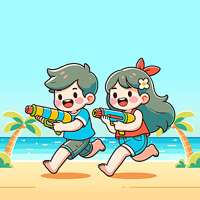 여자 남자 수영복 꽃 리본 어린이 일러스트 놀이 하늘 웃음 들기 소녀 소년 해변 두명 여름 야자수 달리기 즐거움 물총 어린이만 국내일러스트 AI파일 나무 식물 옷 계절 감정 바다 모션 표정 사람 파일형식 벡터