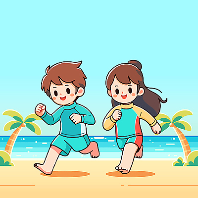 여자 남자 수영복 어린이 일러스트 놀이 하늘 웃음 소녀 소년 해변 두명 여름 야자수 달리기 활기 어린이만 국내일러스트 AI파일 나무 옷 계절 바다 컨셉 모션 표정 사람 파일형식 벡터