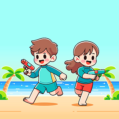 여자 남자 수영복 어린이 일러스트 놀이 하늘 웃음 들기 소녀 소년 해변 두명 여름 야자수 달리기 즐거움 물총 어린이만 국내일러스트 AI파일 나무 옷 계절 감정 바다 모션 표정 사람 파일형식 벡터