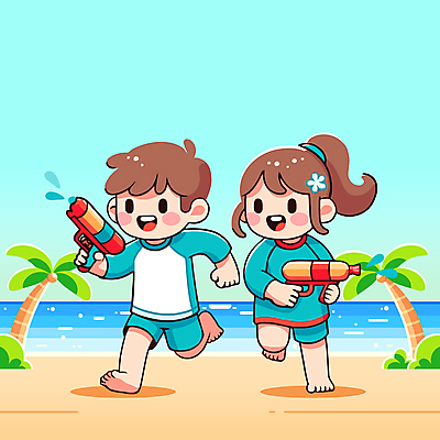 여자 남자 수영복 꽃 어린이 일러스트 놀이 하늘 웃음 들기 소녀 소년 해변 두명 여름 야자수 달리기 즐거움 물총 어린이만 국내일러스트 AI파일 나무 식물 옷 계절 감정 바다 모션 표정 사람 파일형식 벡터