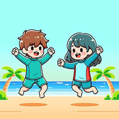여자 남자 수영복 어린이 일러스트 놀이 하늘 팔벌리기 웃음 소녀 소년 해변 두명 여름 야자수 손들기 점프 주먹 즐거움 어린이만 국내일러스트 AI파일 나무 옷 계절 감정 바다 모션 표정 사람 파일형식 벡터