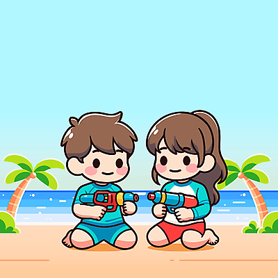 여자 남자 수영복 어린이 일러스트 놀이 하늘 웃음 들기 앉기 소녀 소년 해변 두명 여름 야자수 즐거움 물총 어린이만 국내일러스트 AI파일 나무 옷 계절 감정 바다 모션 표정 사람 파일형식 벡터