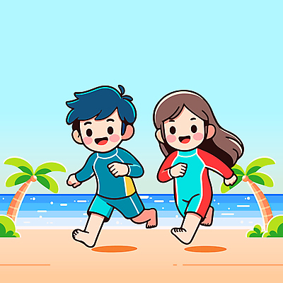 여자 남자 수영복 어린이 일러스트 놀이 하늘 웃음 소녀 소년 해변 두명 여름 야자수 달리기 활기 어린이만 국내일러스트 AI파일 나무 옷 계절 바다 컨셉 모션 표정 사람 파일형식 벡터
