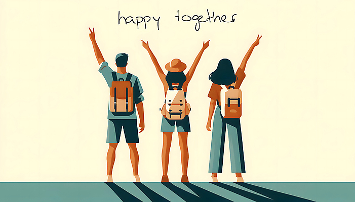 JPG 모자 여자 남자 행복 여행 일러스트 배낭 웃음 성인 취미 세명 친구 청춘 컬러풀 손들기 평화 우정 기쁨 만세 그룹 브이 성인만 국내일러스트 AI일러스트 AI콘텐츠 잡화 감정 컬러 컨셉 가방 관계 모션 표정 사람 손짓 파일형식