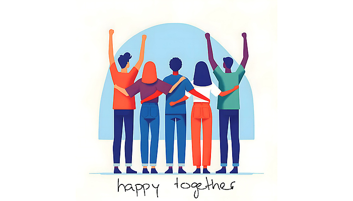 JPG 여자 남자 행복 허리손 일러스트 함께함 웃음 여러명 성인 친구 청춘 컬러풀 손들기 평화 우정 기쁨 만세 그룹 화합 성인만 어깨에손 단체사진 국내일러스트 AI일러스트 AI콘텐츠 감정 컬러 포즈 다수 컨셉 관계 모션 표정 사람 기념사진 파일형식