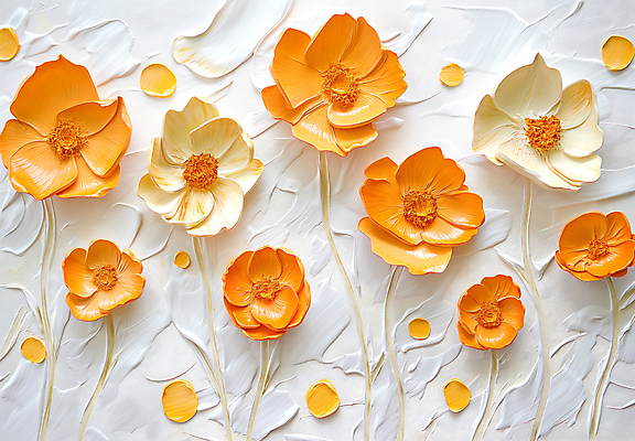 JPG 편집이미지 디자인 꽃 예술 자연 페인팅 붓터치 사람없음 주황색 물감 화려 우아함 그림 캔버스 편집실사 식물 컬러 컨셉 미술도구 CG 생태계 파일형식