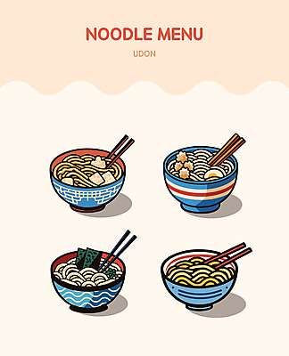 그릇 일러스트 젓가락 사람없음 노란색 계란 튀김 면 어묵 김 우동 국내일러스트 AI파일 식기 음식 컬러 수저 알 면류 해조류 일본음식 파일형식 벡터