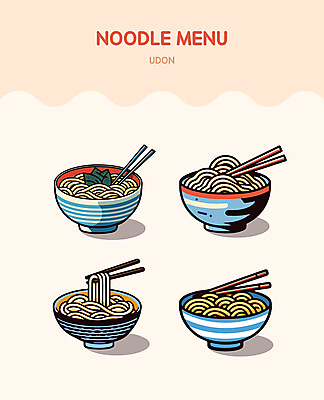 그릇 일러스트 젓가락 사람없음 노란색 면 김 우동 국내일러스트 AI파일 식기 컬러 수저 면류 해조류 일본음식 파일형식 벡터