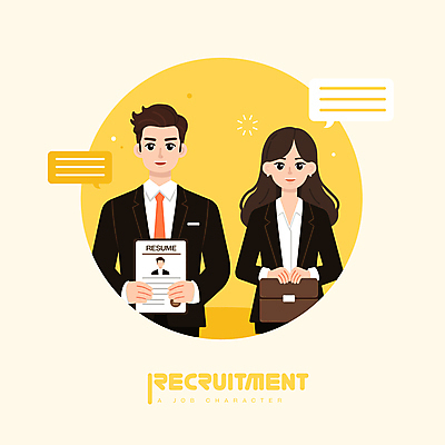 캐릭터 여자 남자 말풍선 서류가방 일러스트 프레임 들기 정장 성인 두명 노란색 비즈니스맨 비즈니스우먼 취업준비생 일자리 이력서 구인구직 채용공고 성인만 청년취업 일러캐릭터 AI파일 옷 컬러 가방 비즈니스 모션 사람 구직 직장인 구인 채용 파일형식 벡터