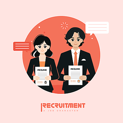 캐릭터 여자 남자 말풍선 일러스트 프레임 들기 정장 성인 두명 빨간색 비즈니스맨 비즈니스우먼 취업준비생 일자리 이력서 구인구직 채용공고 성인만 청년취업 일러캐릭터 AI파일 옷 컬러 비즈니스 모션 사람 구직 직장인 구인 채용 파일형식 벡터