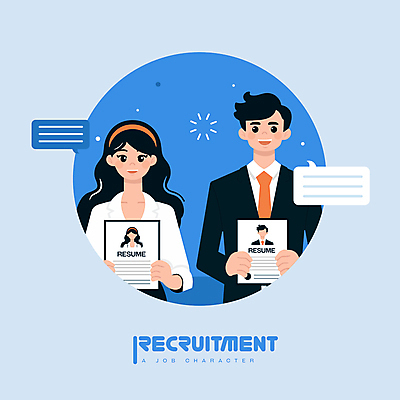 캐릭터 여자 남자 말풍선 일러스트 프레임 들기 정장 성인 두명 파란색 비즈니스맨 비즈니스우먼 취업준비생 일자리 이력서 구인구직 채용공고 성인만 청년취업 일러캐릭터 AI파일 옷 컬러 비즈니스 모션 사람 구직 직장인 구인 채용 파일형식 벡터