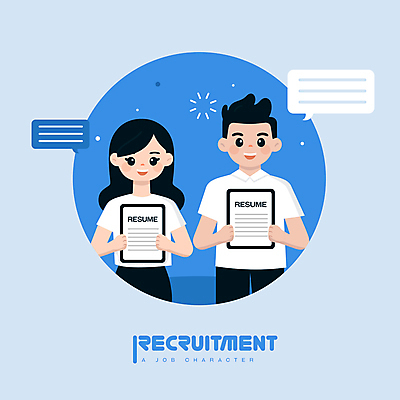 캐릭터 여자 남자 말풍선 일러스트 프레임 들기 성인 두명 파란색 비즈니스맨 비즈니스우먼 취업준비생 일자리 이력서 구인구직 채용공고 성인만 청년취업 일러캐릭터 AI파일 컬러 비즈니스 모션 사람 구직 직장인 구인 채용 파일형식 벡터