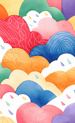 JPG 구름 일러스트 자연 수채화 사람없음 컬러풀 귀여움 빗방울 그림 국내일러스트 AI일러스트 AI콘텐츠 자연요소 컬러 컨셉 비_날씨 생태계 파일형식