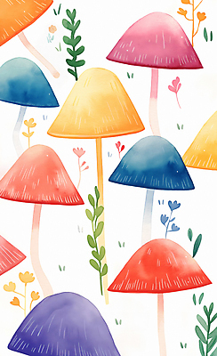 JPG 일러스트 자연 수채화 사람없음 컬러풀 귀여움 버섯 풀잎 그림 국내일러스트 AI일러스트 AI콘텐츠 컬러 컨셉 잎 풀_식물 생태계 파일형식