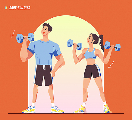 전신 라이프스타일 여자 남자 운동화 일러스트 근육 미소 들기 성인 두명 운동복 운동기구 주황색 아령 보디빌딩 즐거움 성인만 국내일러스트 AI파일 옷 감정 컬러 신발 모션 표정 사람 생활 헬스 파일형식 벡터