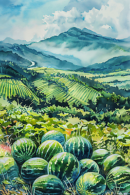 JPG 나무 구름 밭 일러스트 자연 하늘 붓터치 수채화 산 수박 풍경 사람없음 초록색 여름 국내일러스트 AI일러스트 AI콘텐츠 자연요소 식물 계절 컬러 농업 과일 생태계 파일형식