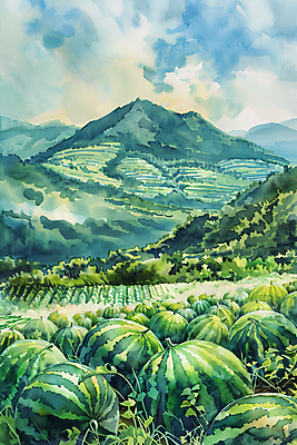 JPG 나무 구름 밭 일러스트 자연 하늘 붓터치 수채화 산 수박 풍경 사람없음 초록색 여름 국내일러스트 AI일러스트 AI콘텐츠 자연요소 식물 계절 컬러 농업 과일 생태계 파일형식