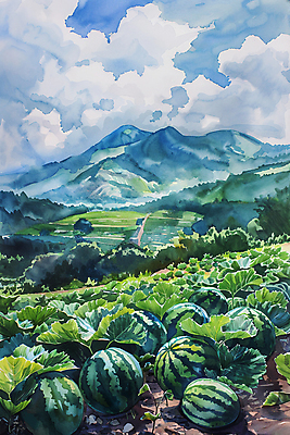 JPG 나무 구름 밭 일러스트 자연 하늘 붓터치 수채화 산 수박 풍경 사람없음 초록색 여름 국내일러스트 AI일러스트 AI콘텐츠 자연요소 식물 계절 컬러 농업 과일 생태계 파일형식