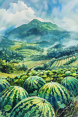 JPG 나무 구름 밭 일러스트 자연 하늘 붓터치 수채화 산 수박 풍경 사람없음 초록색 여름 국내일러스트 AI일러스트 AI콘텐츠 자연요소 식물 계절 컬러 농업 과일 생태계 파일형식