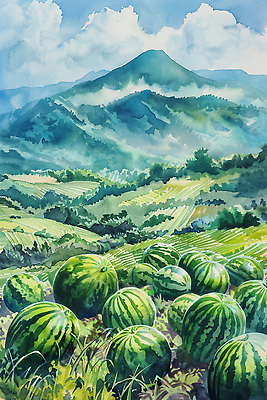 JPG 나무 구름 무료이미지 밭 일러스트 자연 하늘 붓터치 수채화 산 수박 풍경 사람없음 초록색 여름 국내일러스트 AI일러스트 AI콘텐츠 자연요소 식물 계절 컬러 농업 과일 생태계 파일형식