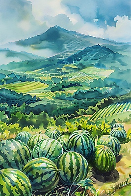 JPG 나무 구름 밭 일러스트 자연 하늘 붓터치 수채화 산 수박 풍경 사람없음 초록색 여름 국내일러스트 AI일러스트 AI콘텐츠 자연요소 식물 계절 컬러 농업 과일 생태계 파일형식