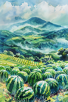 JPG 나무 구름 밭 일러스트 자연 하늘 붓터치 수채화 산 수박 풍경 사람없음 초록색 여름 국내일러스트 AI일러스트 AI콘텐츠 자연요소 식물 계절 컬러 농업 과일 생태계 파일형식