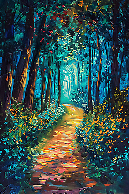 JPG 나무 꽃 길 일러스트 그림자 사람없음 햇빛 숲 유화물감 환상 국내일러스트 임파스토 AI일러스트 AI콘텐츠 식물 컨셉 태양 물감 유화 파일형식