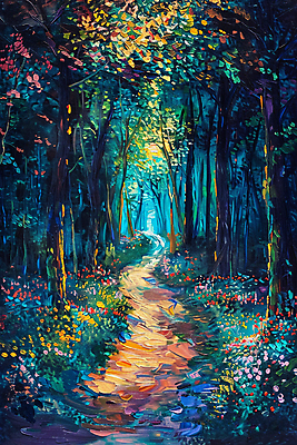 JPG 나무 꽃 길 일러스트 사람없음 햇빛 숲 유화물감 환상 국내일러스트 임파스토 AI일러스트 AI콘텐츠 식물 컨셉 태양 물감 유화 파일형식