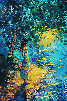JPG 전신 나무 여자 꽃 호수 일러스트 그림자 한명 성인 빛 숲 유화물감 환상 성인여자한명만 국내일러스트 임파스토 AI일러스트 AI콘텐츠 식물 1 컨셉 사람 물감 유화 여자한명만 성인여자만 파일형식