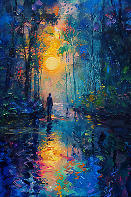 JPG 전신 나무 남자 꽃 호수 일러스트 한명 성인 빛 컬러풀 반사 수면 숲 유화물감 환상 성인남자한명만 국내일러스트 임파스토 AI일러스트 AI콘텐츠 식물 1 컬러 컨셉 사람 물 물감 유화 남자한명만 성인남자만 파일형식