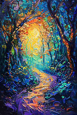 JPG 나무 꽃 길 일러스트 사람없음 빛 컬러풀 숲 유화물감 환상 국내일러스트 임파스토 AI일러스트 AI콘텐츠 식물 컬러 컨셉 물감 유화 파일형식