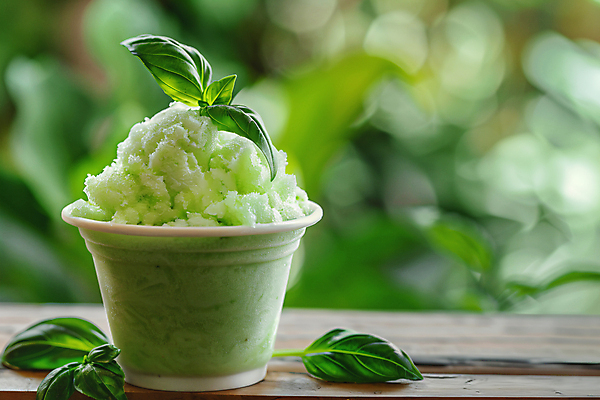 JPG 편집이미지 그릇 잎 아이스크림 사람없음 여름 유행 얼음 시원함 디지털합성 바질 나무탁자 셔벗 편집실사 AI포토 AI콘텐츠 자연요소 식물 식기 계절 탁자 디저트 CG 파일형식